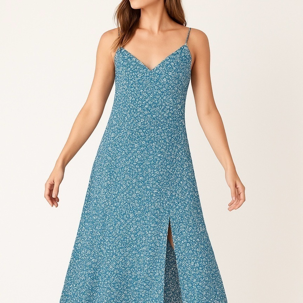 Midi Maxi Dress White/Blue Mini Floral Pattern Bralet TieStraps Smocking Blue XL